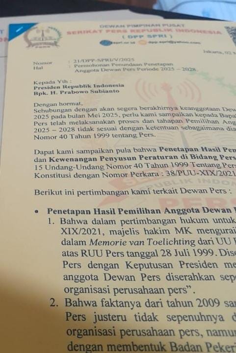 SPRI Surati Presiden Minta SK Tentang Dewan Pers Ditunda